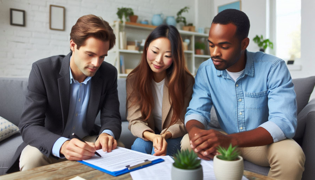 home buyers and their real estate agent going over a home inspection report